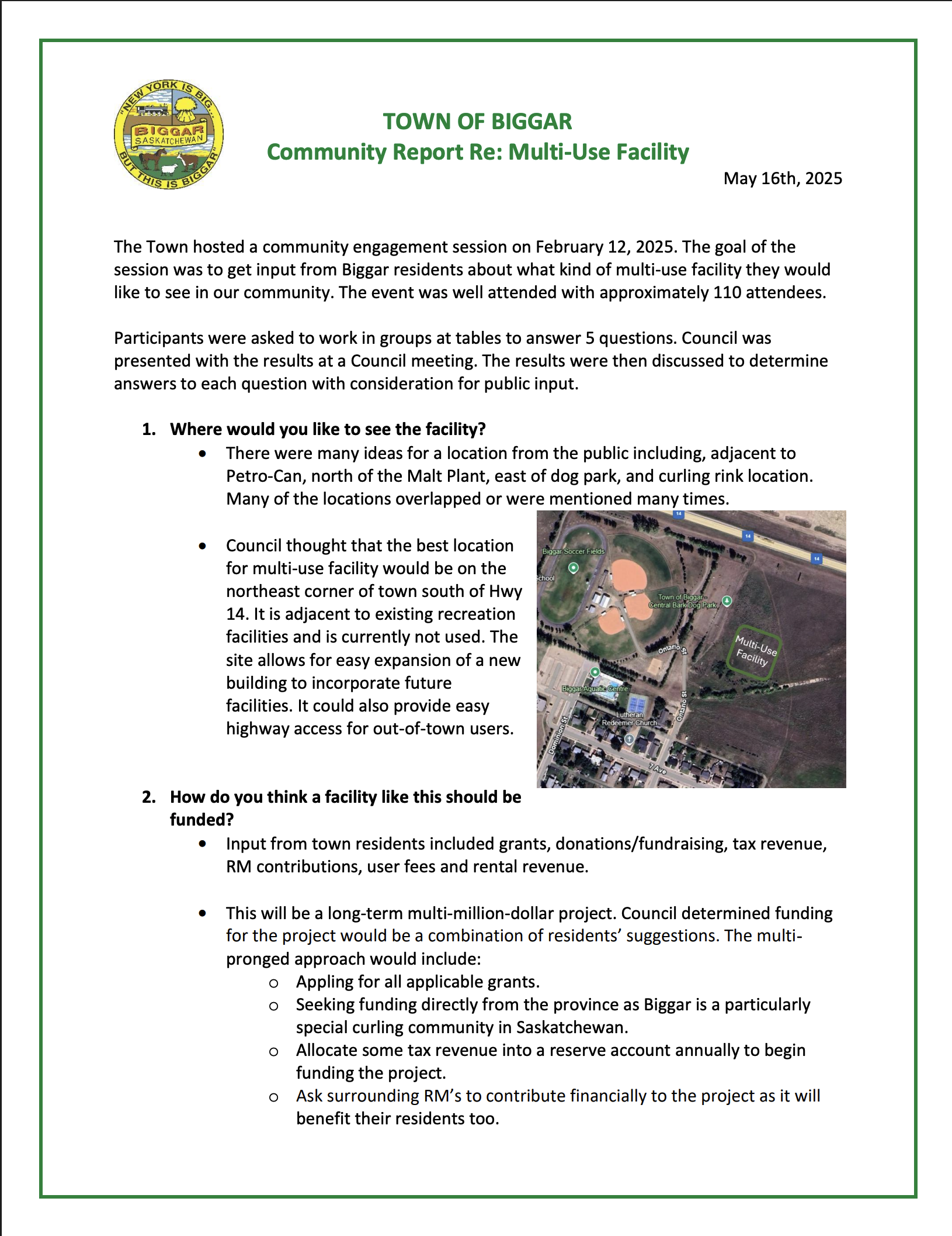 Town of Biggar Community Report Re: Multi-Use Facility