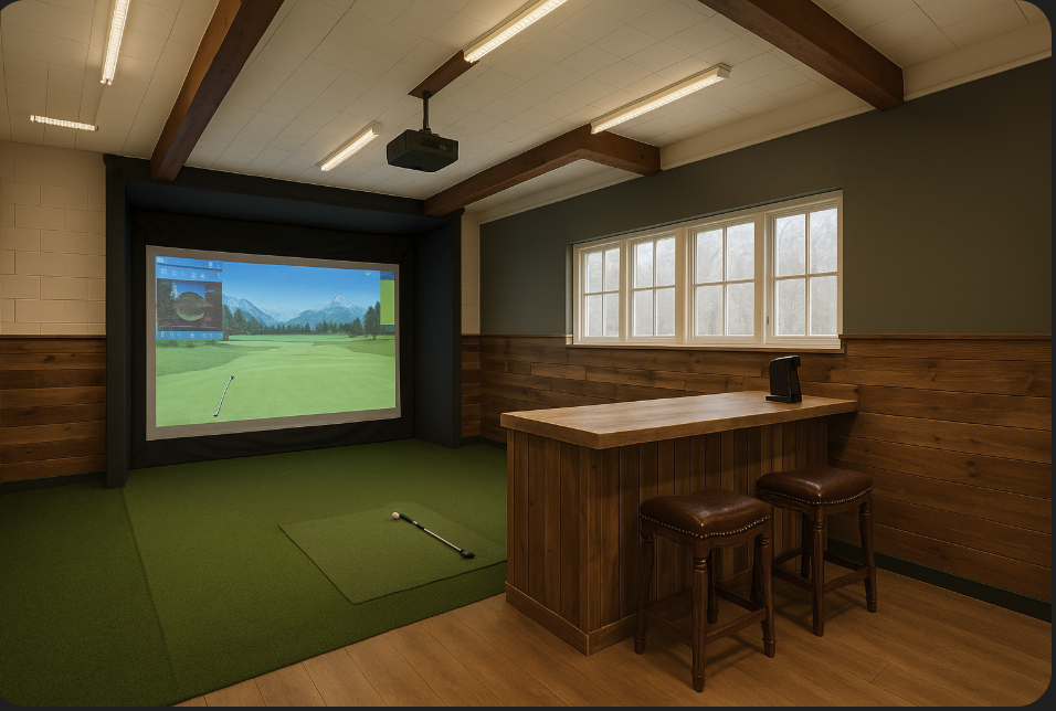 Golf simulator room with large screen and putting area