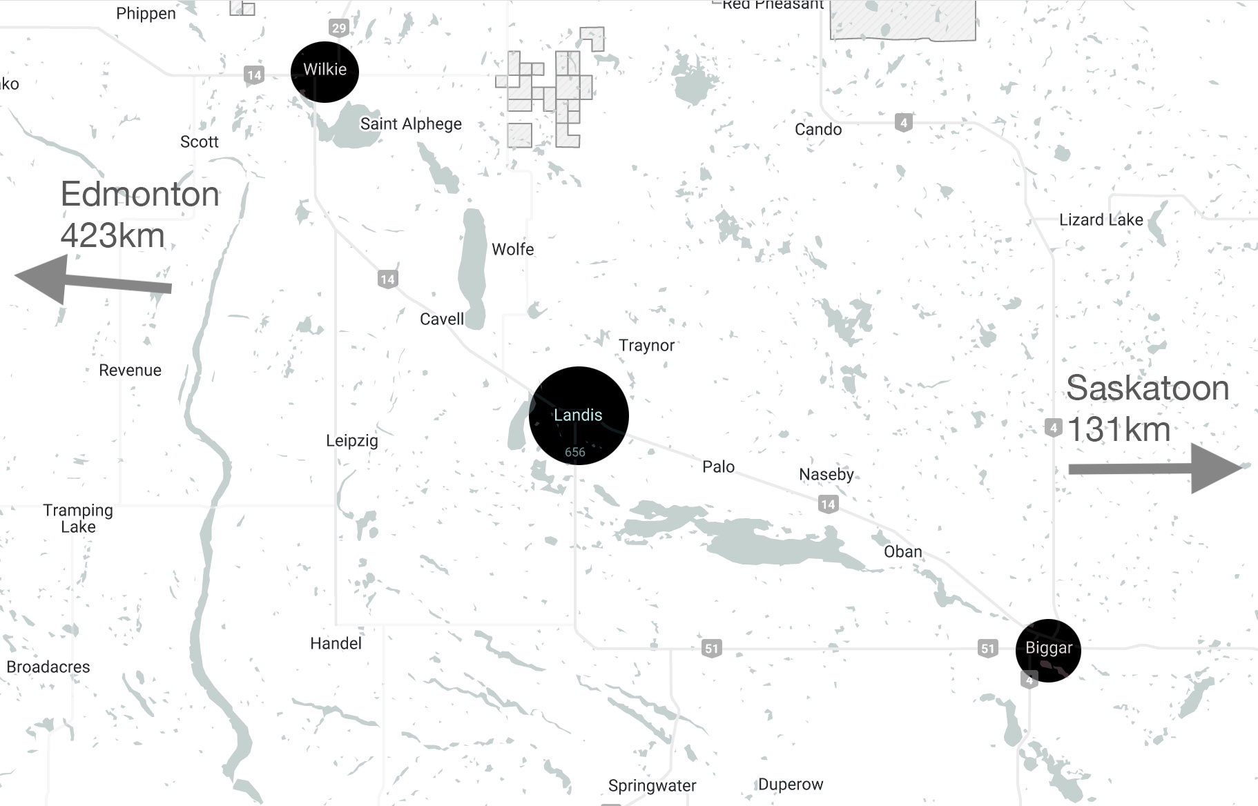 Map showing Landis centrally located between Wilkie and Biggar, with Highway 14 access and distances to Edmonton (423km) and Saskatoon (131km)