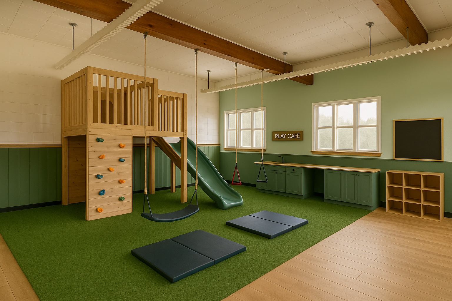 Indoor children's playground with climbing structure and slide