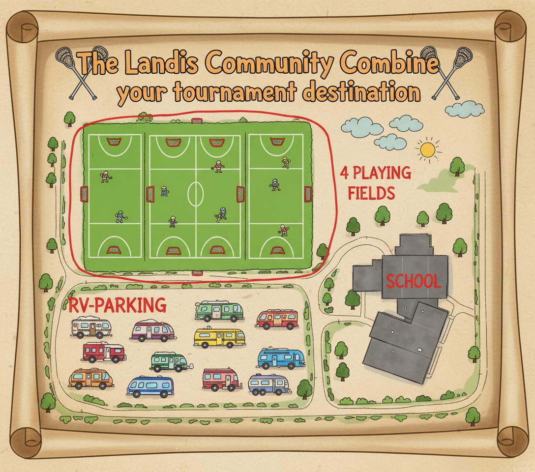 The Landis Community Combine tournament destination map showing 4 playing fields, RV parking, and school facilities